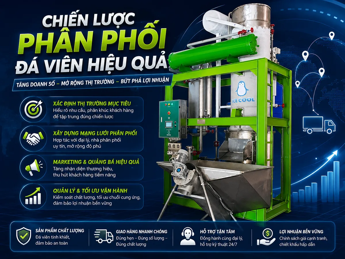 Chiến lược phân phối đá viên hiệu quả là yếu tố then chốt giúp các cơ sở sản xuất đá viên tối ưu chi phí, duy trì chất lượng dịch vụ và mở rộng thị trường một cách bền vững