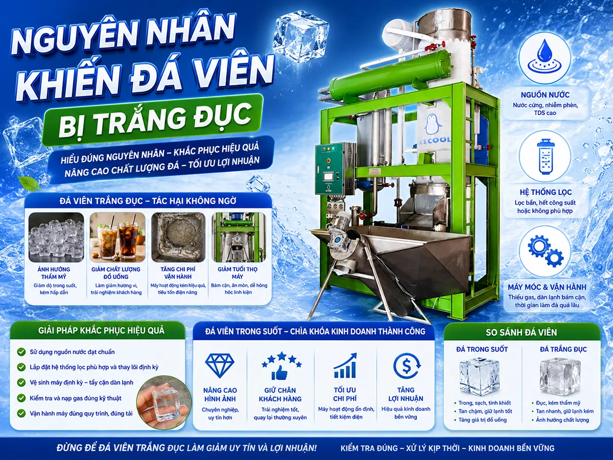 Nguyên nhân khiến đá viên bị trắng đục chủ yếu là do chất lượng nguồn nước không đảm bảo, thông số kỹ thuật máy không phù hợp hoặc quá trình làm lạnh không đủ hiệu quả