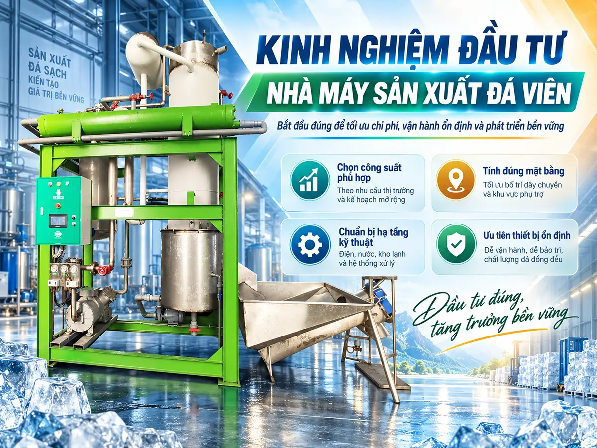 Kinh nghiệm đầu tư nhà máy sản xuất đá viên: xác minh đầu ra, tách vốn đầu tư và vốn lưu động, chọn máy theo điều kiện thực tế, chốt phạm vi nghiệm thu.