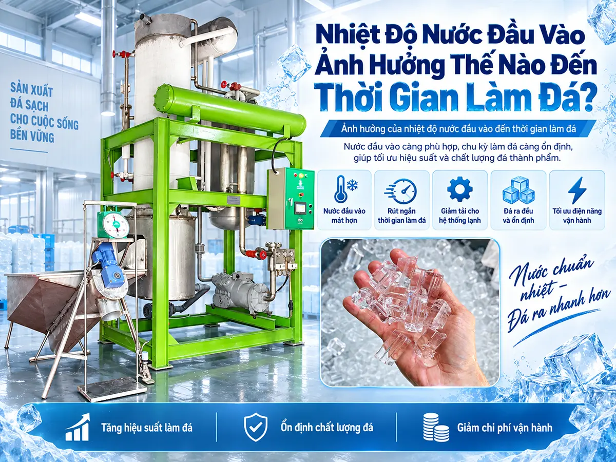 Ảnh hưởng của nhiệt độ nước đầu vào đến thời gian làm đá: hiểu tải nhiệt, phân biệt các giai đoạn chu kỳ và chọn cách ổn định nước cấp phù hợp.
