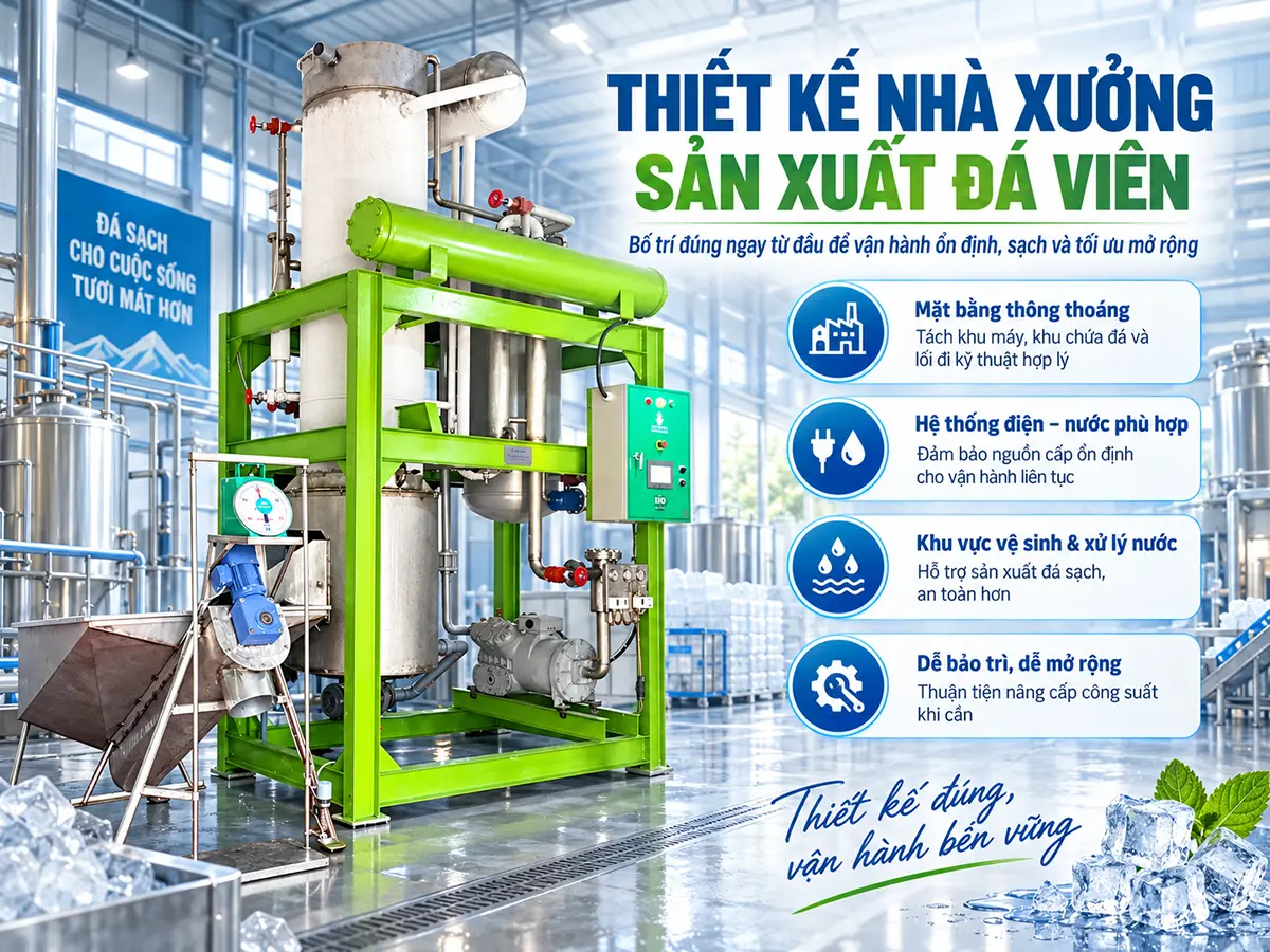 Thiết kế nhà xưởng sản xuất đá viên: tổ chức luồng sản xuất, tách đường người và hàng, phối hợp điện nước, giải nhiệt và không gian bảo trì.